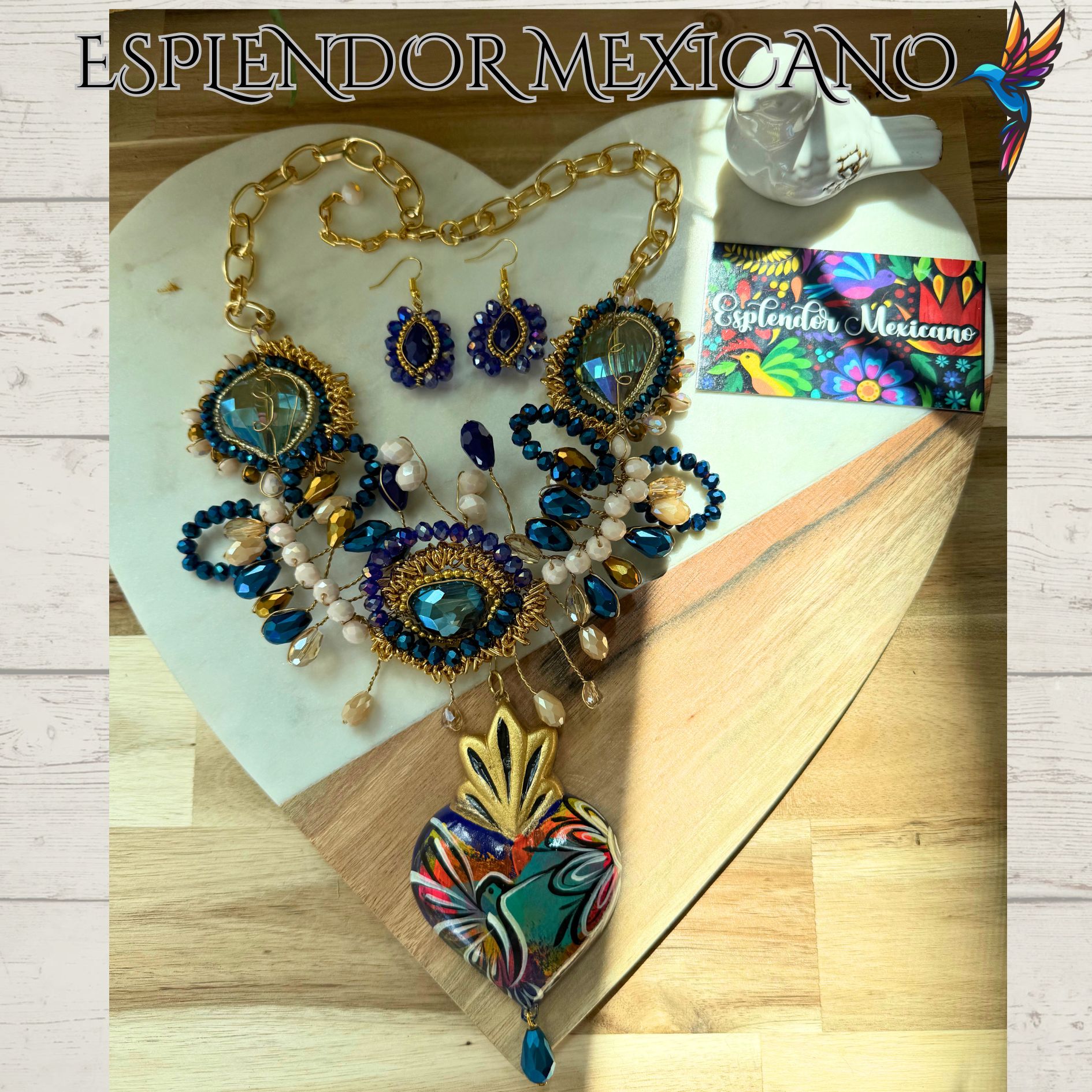 💙✨ Hummingbird Heart Necklace Set – Handmade in Mexico