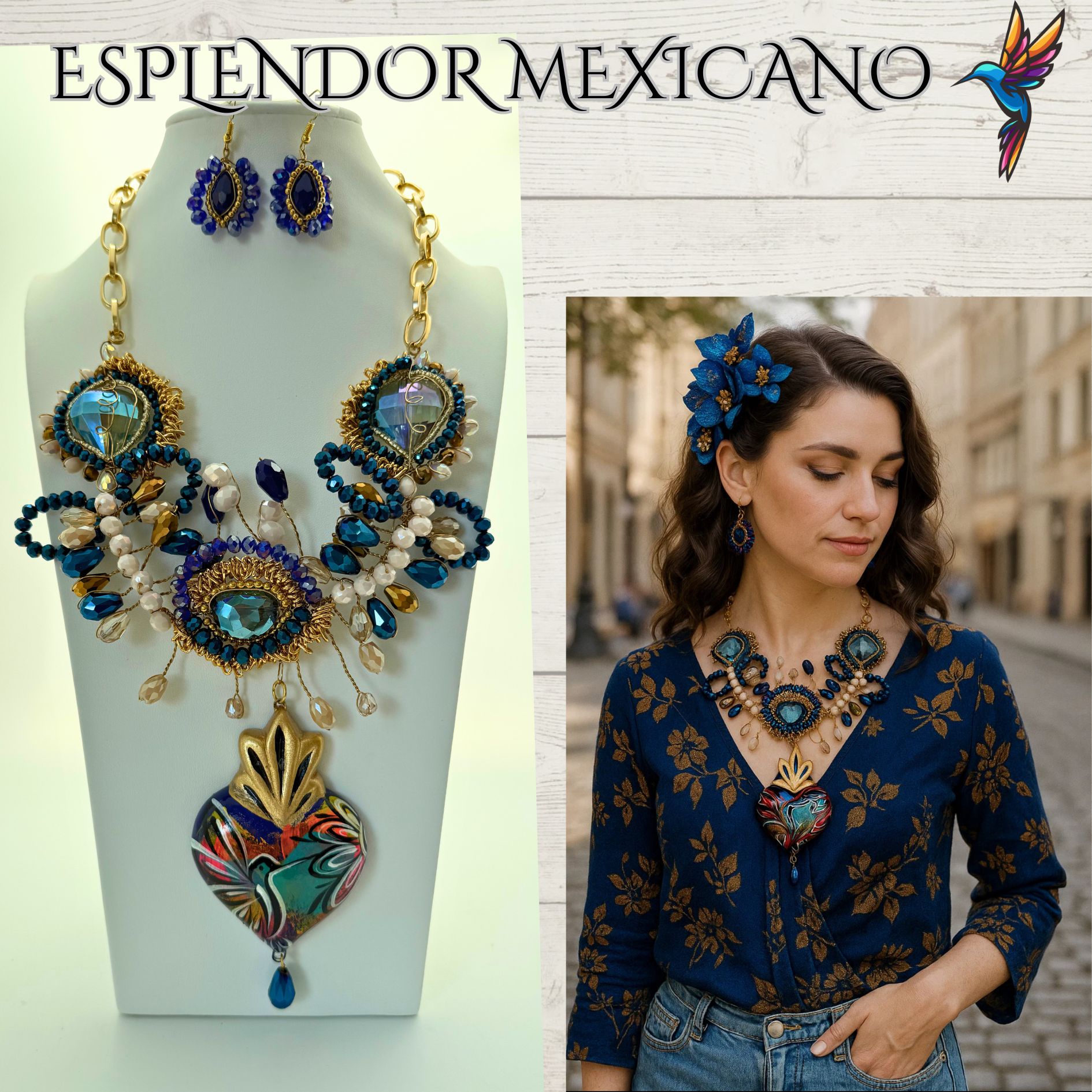 💙✨ Hummingbird Heart Necklace Set – Handmade in Mexico