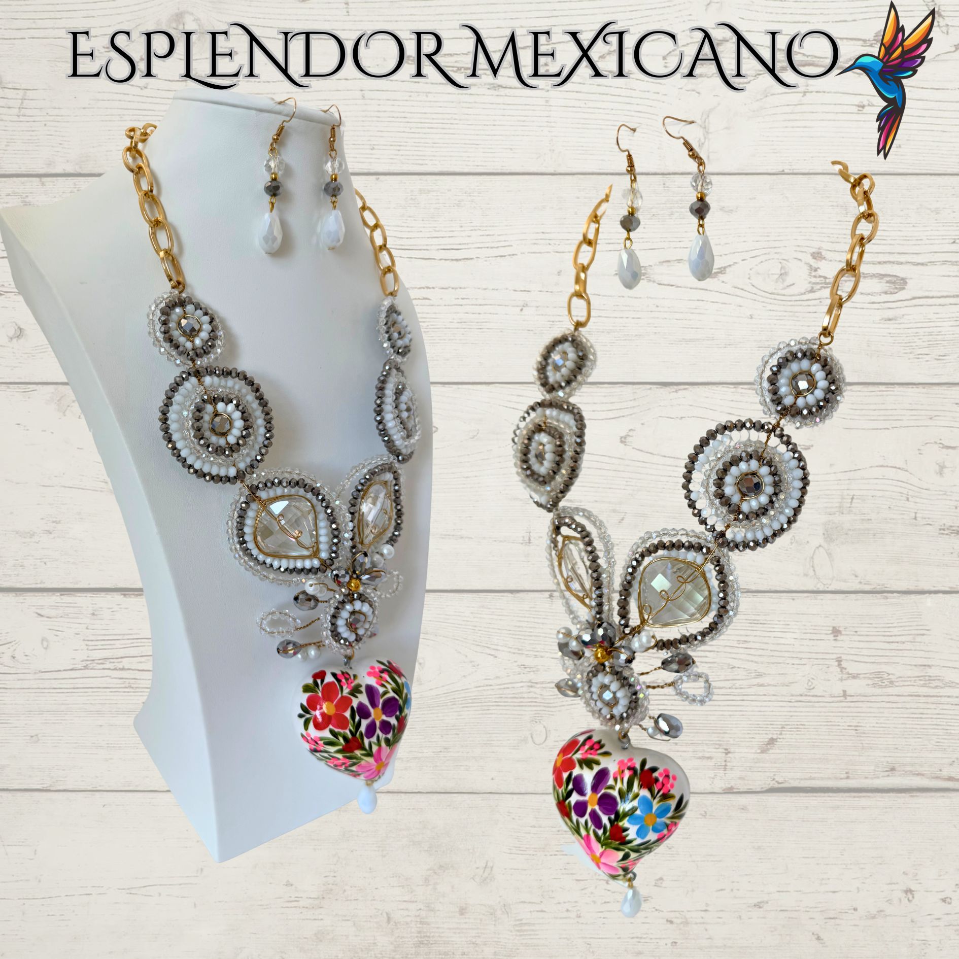 🤍✨ Floral Heart Necklace Set – Handmade in Mexico