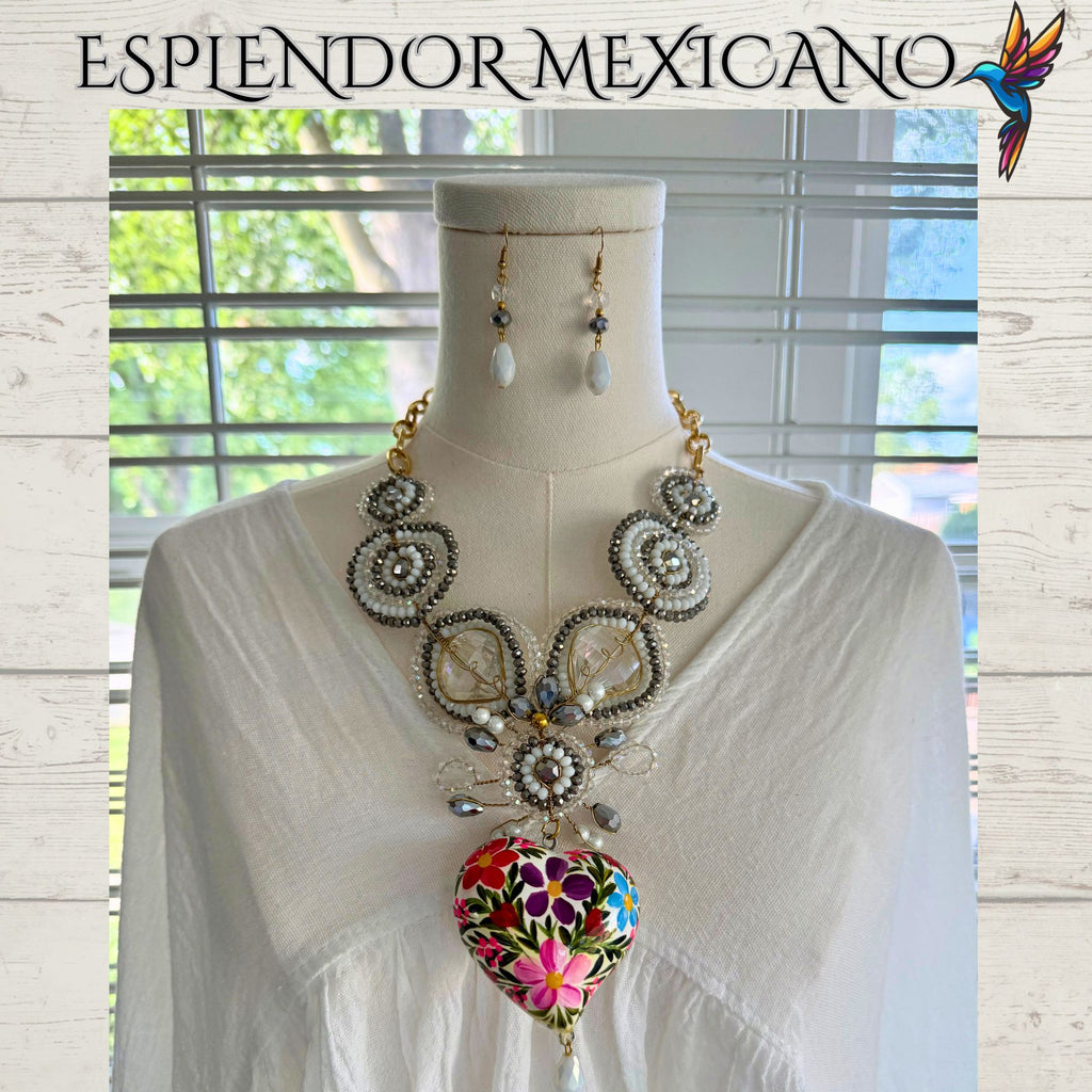 🤍✨ Floral Heart Necklace Set – Handmade in Mexico