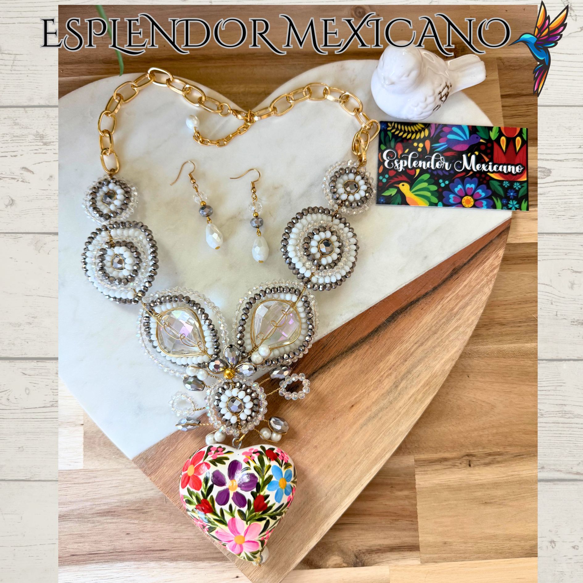 🤍✨ Floral Heart Necklace Set – Handmade in Mexico