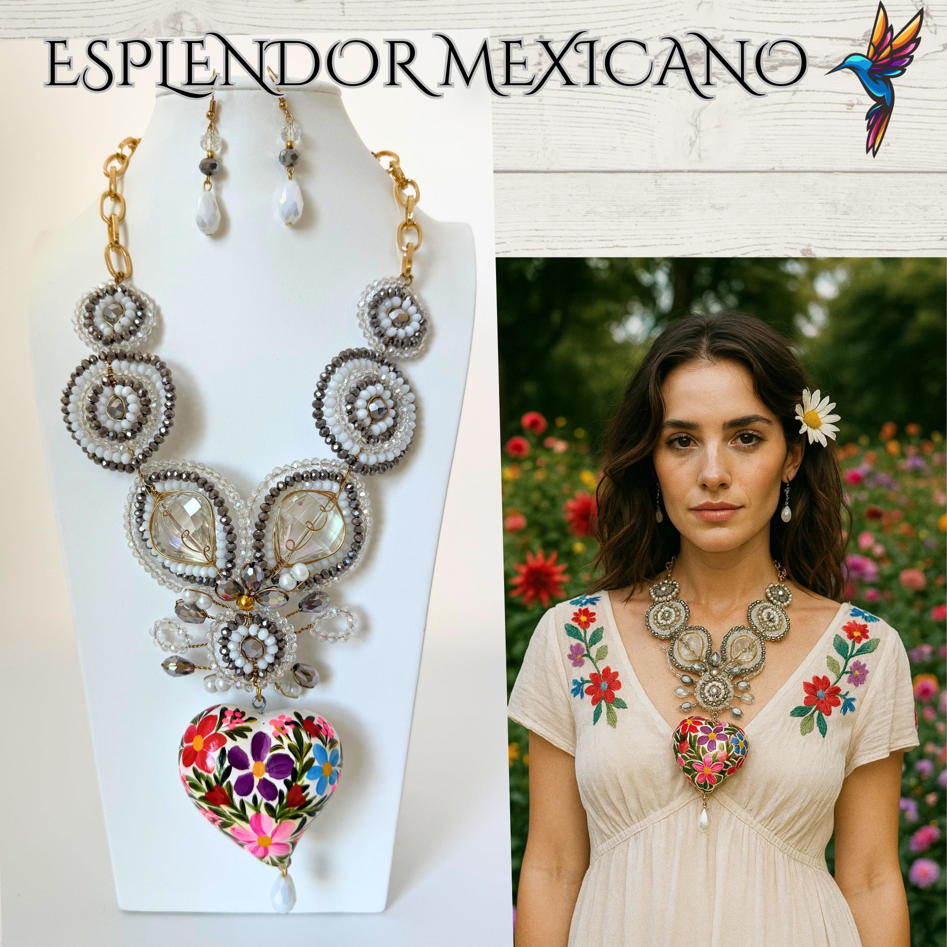 🤍✨ Floral Heart Necklace Set – Handmade in Mexico
