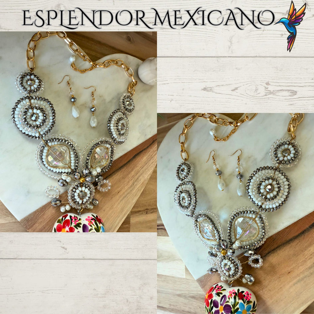🤍✨ Floral Heart Necklace Set – Handmade in Mexico