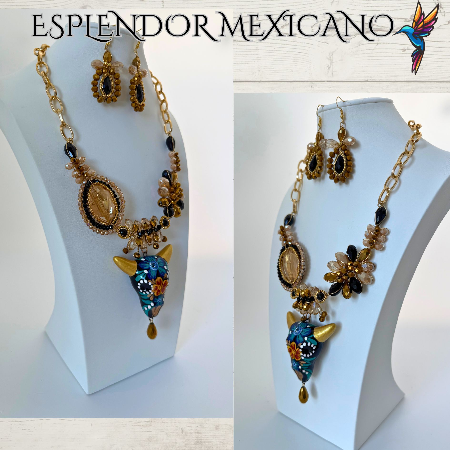 💙🖤✨ Ceramic Skull Necklace Set – Handmade in Mexico