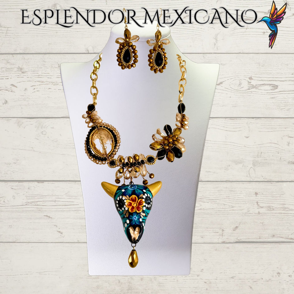 💙🖤✨ Ceramic Skull Necklace Set – Handmade in Mexico