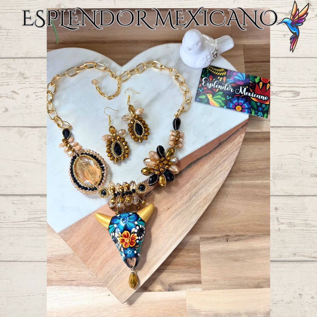 💙🖤✨ Ceramic Skull Necklace Set – Handmade in Mexico