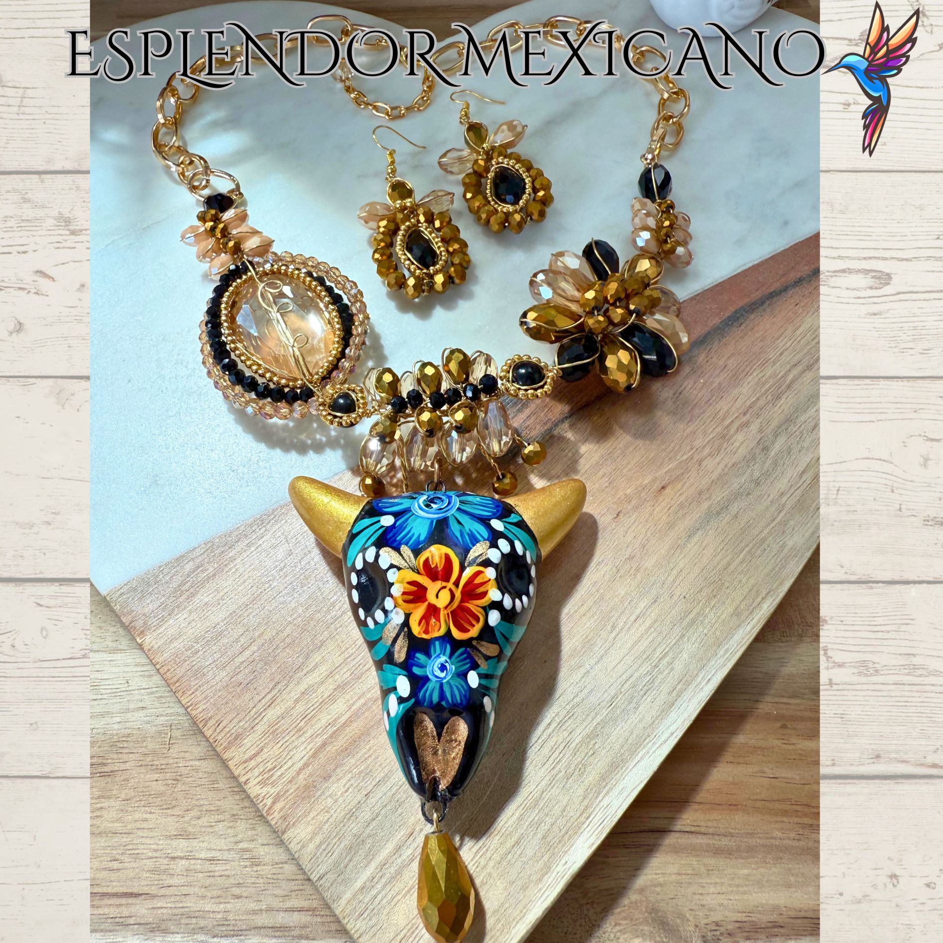 💙🖤✨ Ceramic Skull Necklace Set – Handmade in Mexico