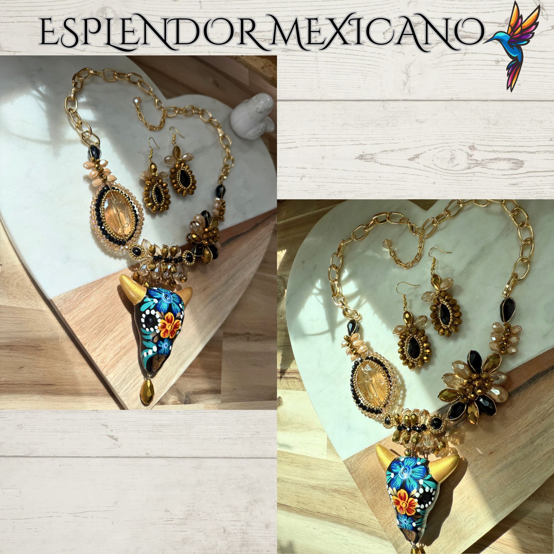 💙🖤✨ Ceramic Skull Necklace Set – Handmade in Mexico