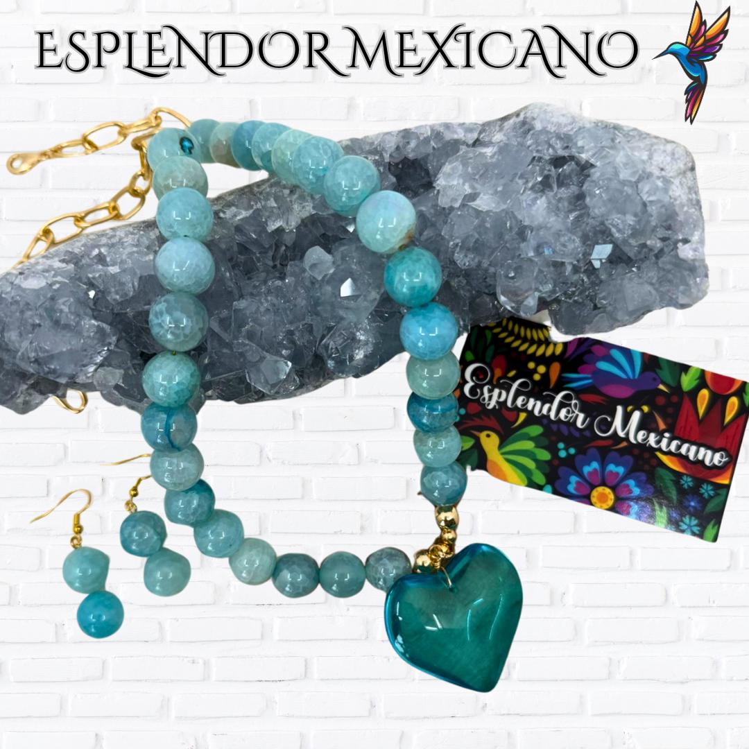 Mexican handmade Blue Agate Heart Necklace / Natural Stone Healing Crystal Spiritual Protection Gift / Glass heart / Beaded Stone Necklace