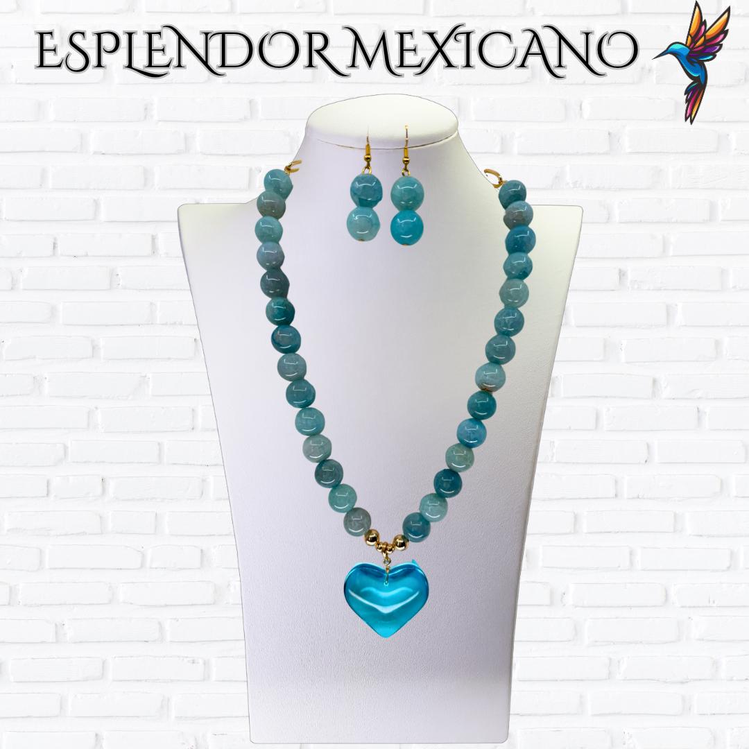 Mexican handmade Blue Agate Heart Necklace / Natural Stone Healing Crystal Spiritual Protection Gift / Glass heart / Beaded Stone Necklace