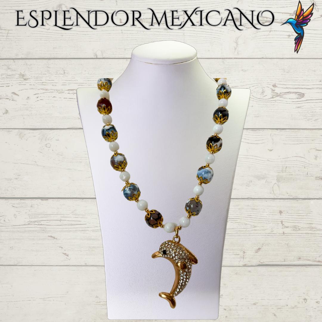 Mexican handmade White Agate Dolphin Necklace /Natural Stone Healing Crystal Spiritual Protection Gift  /Beaded Stone Necklace/Dolphin lover