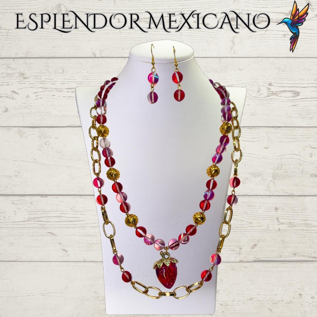 Mexican handmade Strawberry Electrified Quartz Necklace / Natural Stone Healing Crystal Spiritual Protection Gift  / Beaded Stone Necklace