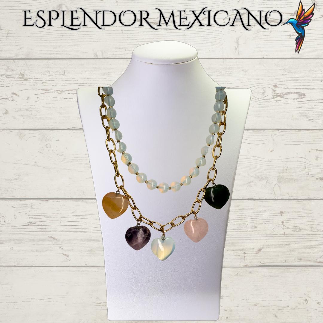 Mexican handmade Moonstone,Agate, Quartz Necklace Set/Natural Stone Healing Crystal Spiritual Protection Gift/Beaded Stone Necklace/Hearts