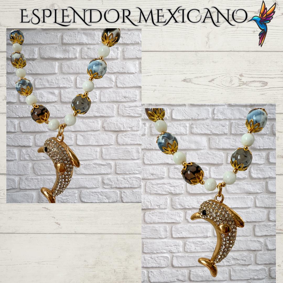 Mexican handmade White Agate Dolphin Necklace /Natural Stone Healing Crystal Spiritual Protection Gift  /Beaded Stone Necklace/Dolphin lover