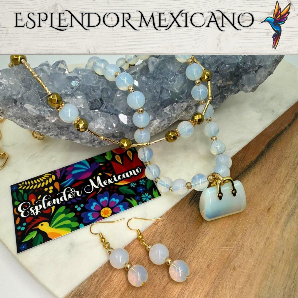 Mexican handmade Moonstone Necklace Set/Natural Stone Healing Crystal Spiritual Protection Gift/ Beaded Stone Necklace /Health benefit stone