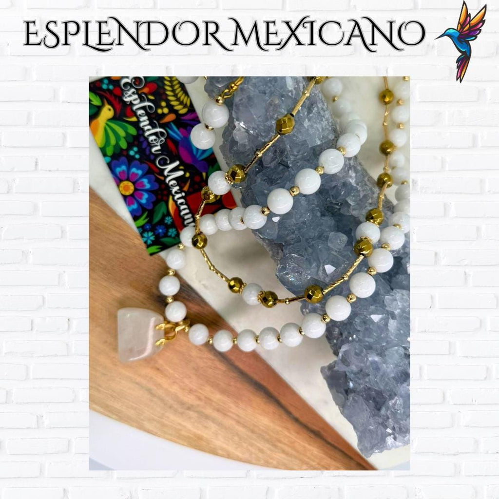 Mexican handmade White Jade Necklace Set/Natural Stone Healing Crystal Spiritual Protection Gift/ Beaded Stone Necklace/Health benefit stone