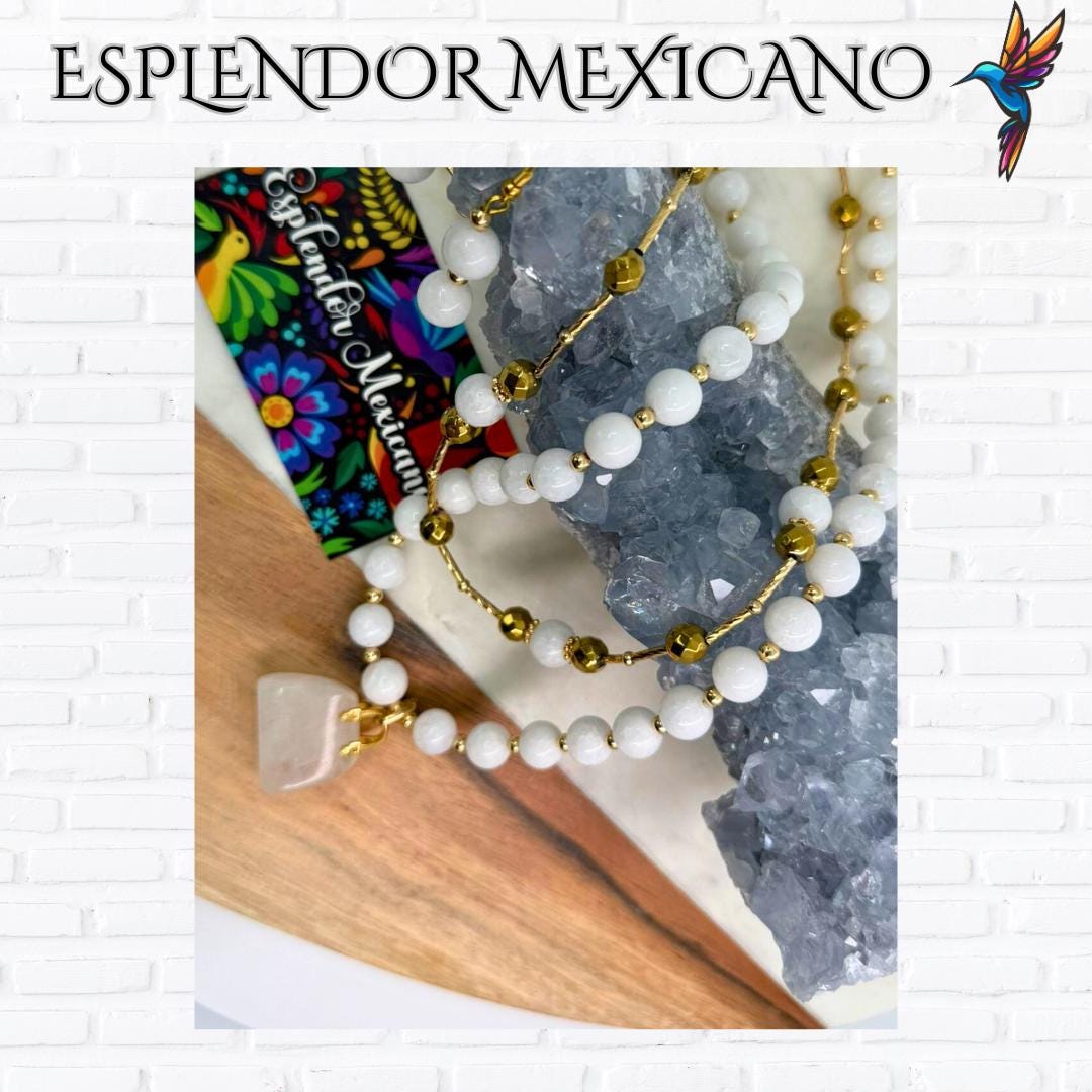 Mexican handmade White Jade Necklace Set/Natural Stone Healing Crystal Spiritual Protection Gift/ Beaded Stone Necklace/Health benefit stone