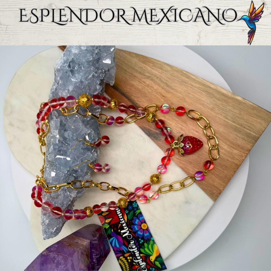 Mexican handmade Strawberry Electrified Quartz Necklace / Natural Stone Healing Crystal Spiritual Protection Gift  / Beaded Stone Necklace