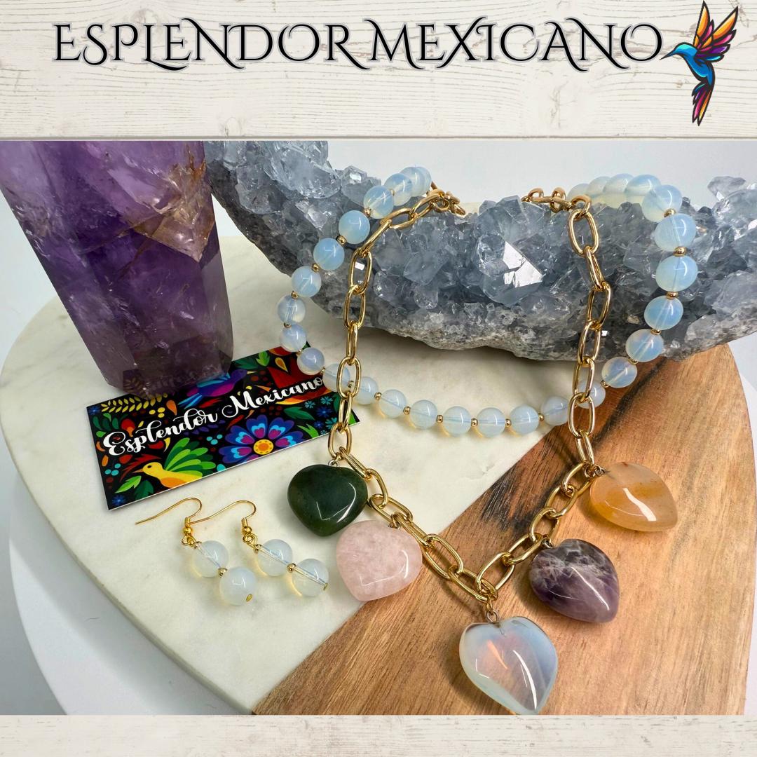 Mexican handmade Moonstone,Agate, Quartz Necklace Set/Natural Stone Healing Crystal Spiritual Protection Gift/Beaded Stone Necklace/Hearts