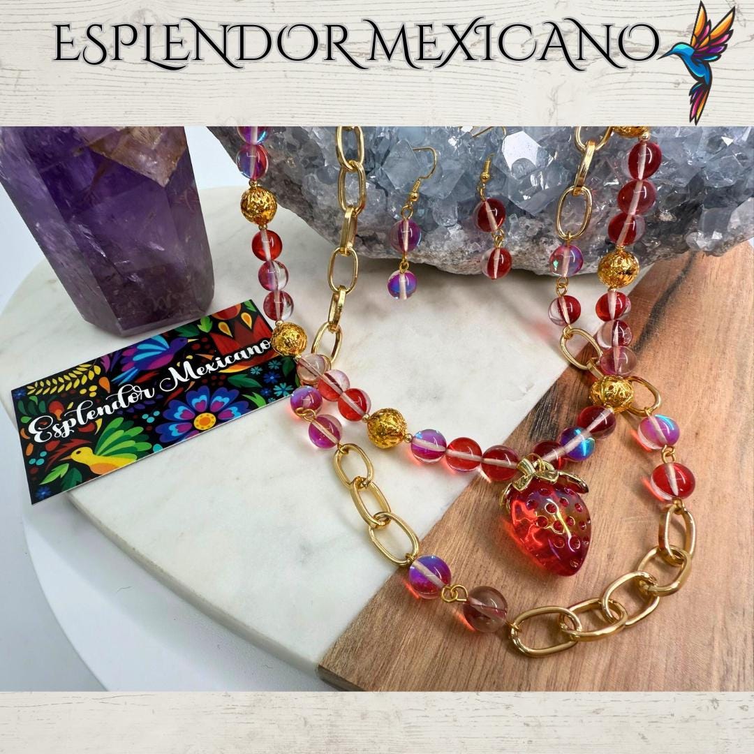 Mexican handmade Strawberry Electrified Quartz Necklace / Natural Stone Healing Crystal Spiritual Protection Gift  / Beaded Stone Necklace