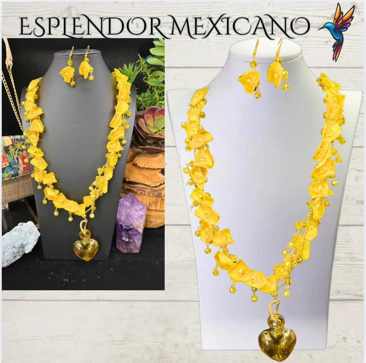 Mexican handmade Fish Scale and Handblown Glass Heart Necklace / Made by Artisans/ Made in Mexico/ Hecho en Mexico/ Necklace with earrings