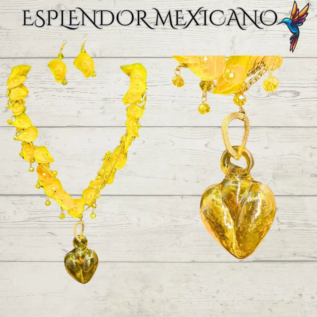Mexican handmade Fish Scale and Handblown Glass Heart Necklace / Made by Artisans/ Made in Mexico/ Hecho en Mexico/ Necklace with earrings