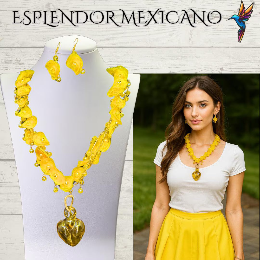 Mexican handmade Fish Scale and Handblown Glass Heart Necklace / Made by Artisans/ Made in Mexico/ Hecho en Mexico/ Necklace with earrings