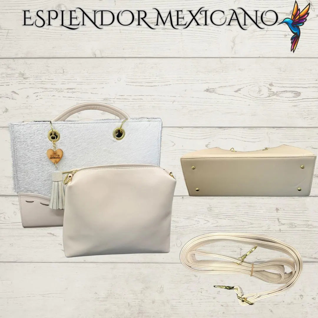 🤍 Artisanal White Cowhide Purse – Convertible Crossbody Set