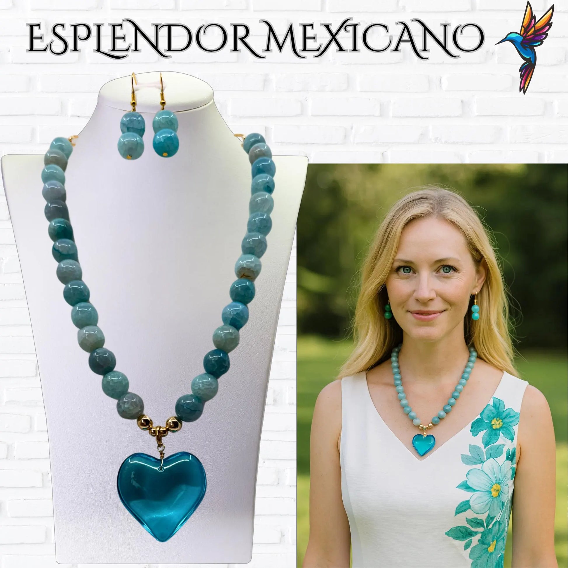 Mexican handmade Blue Agate Heart Necklace / Natural Stone Healing Crystal Spiritual Protection Gift / Glass heart / Beaded Stone Necklace