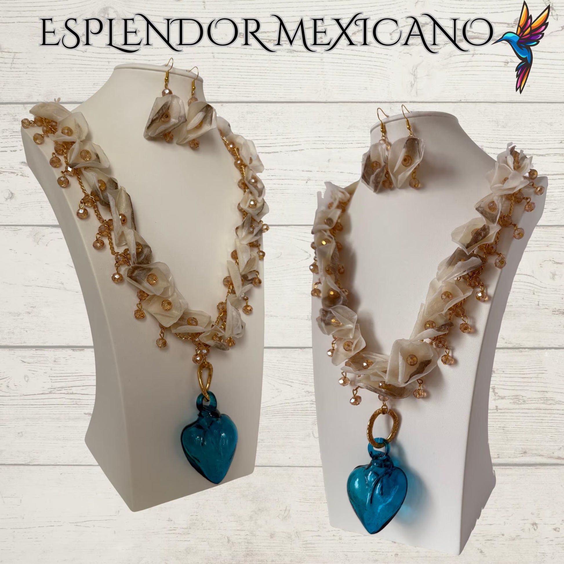 💖 Fish Scale Necklace Set with Handblown Glass Heart