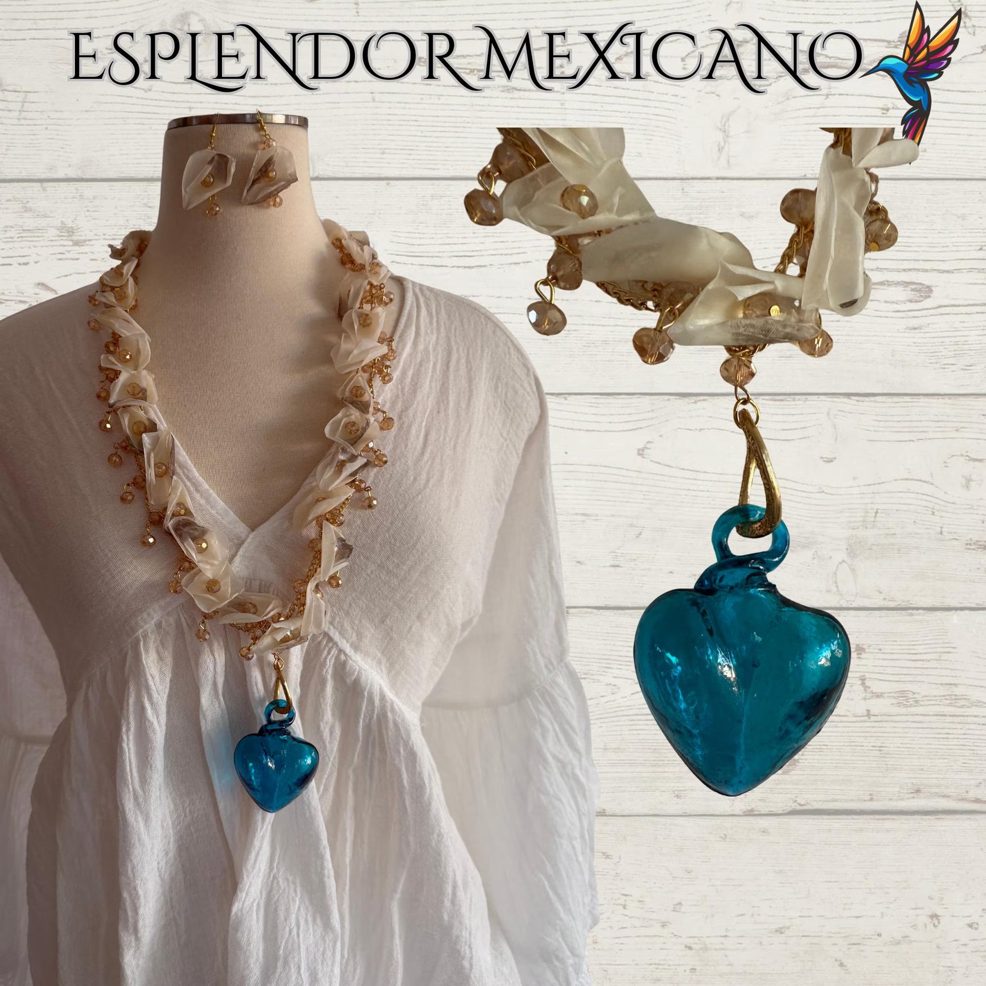 💖 Fish Scale Necklace Set with Handblown Glass Heart