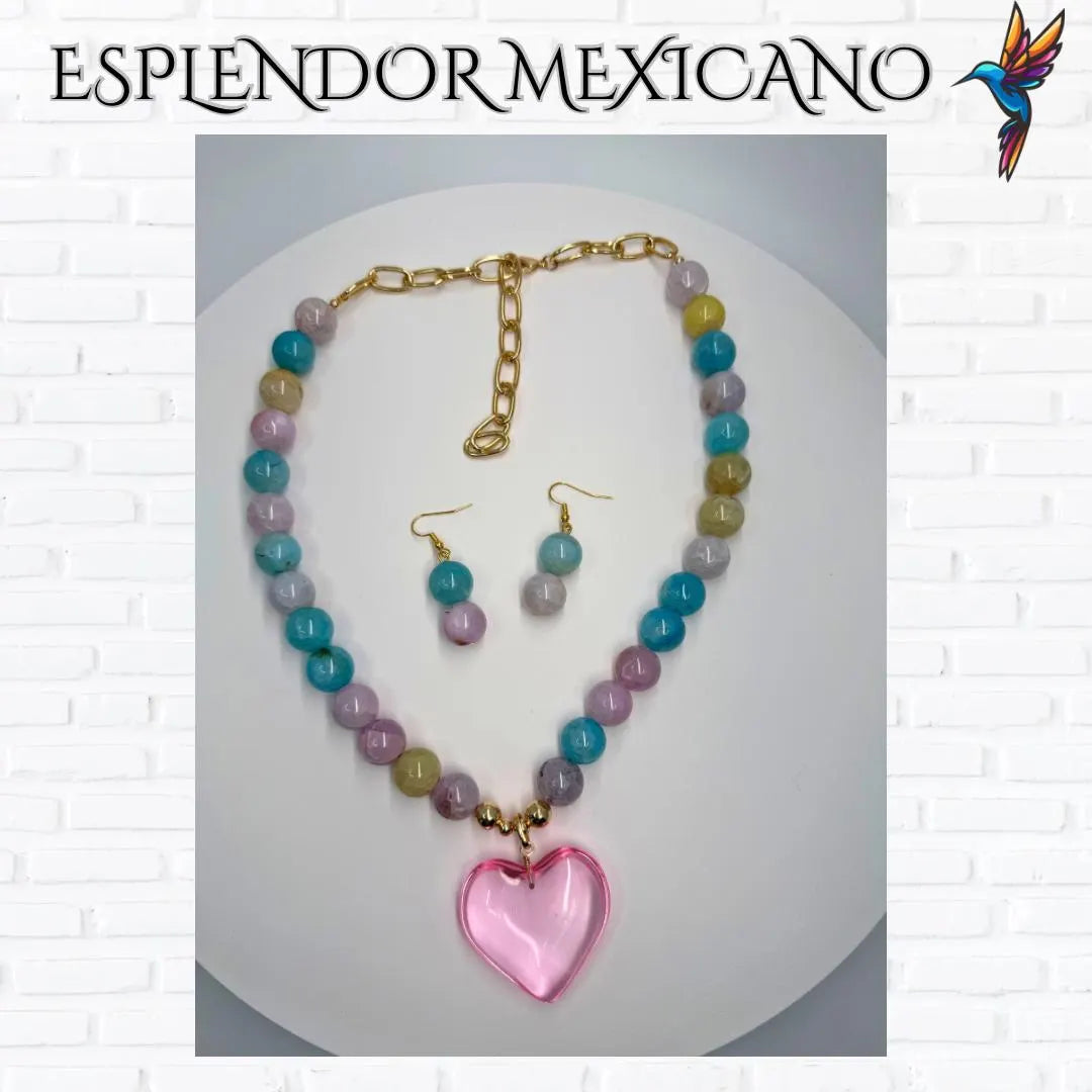 💙🩷 Multi-Agate Heart Necklace Set