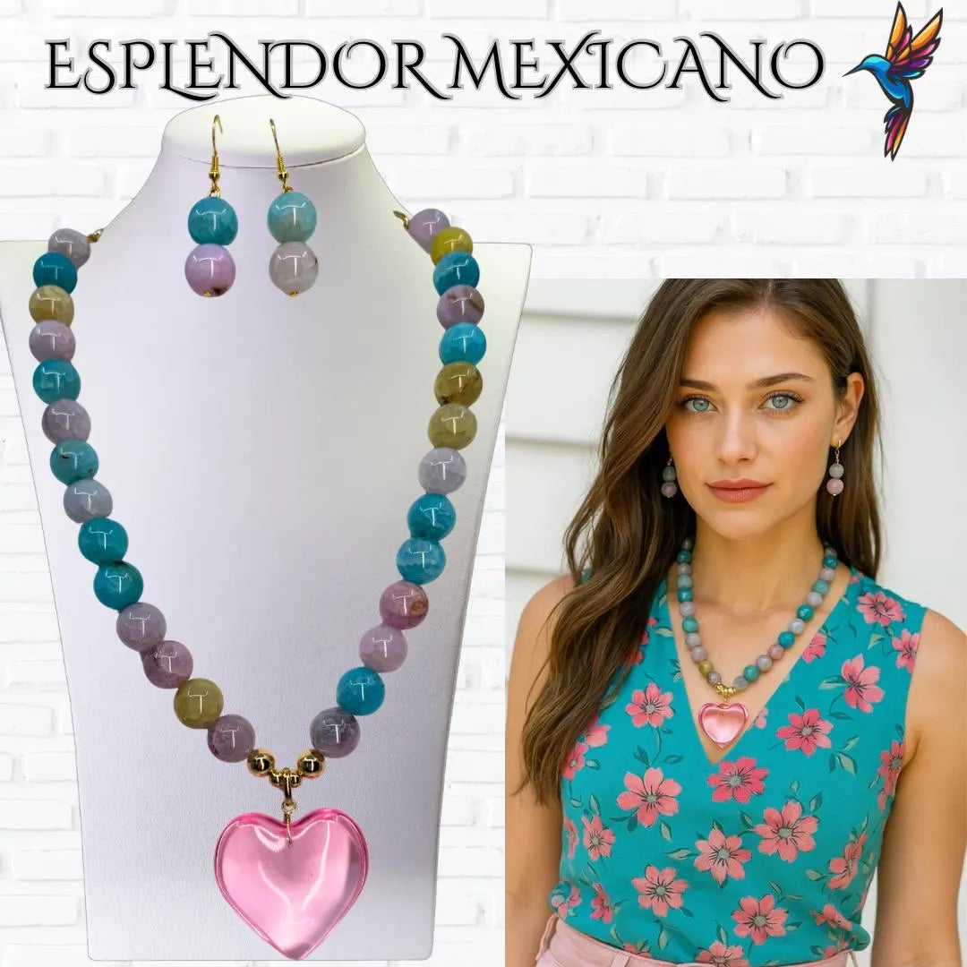 💙🩷 Multi-Agate Heart Necklace Set