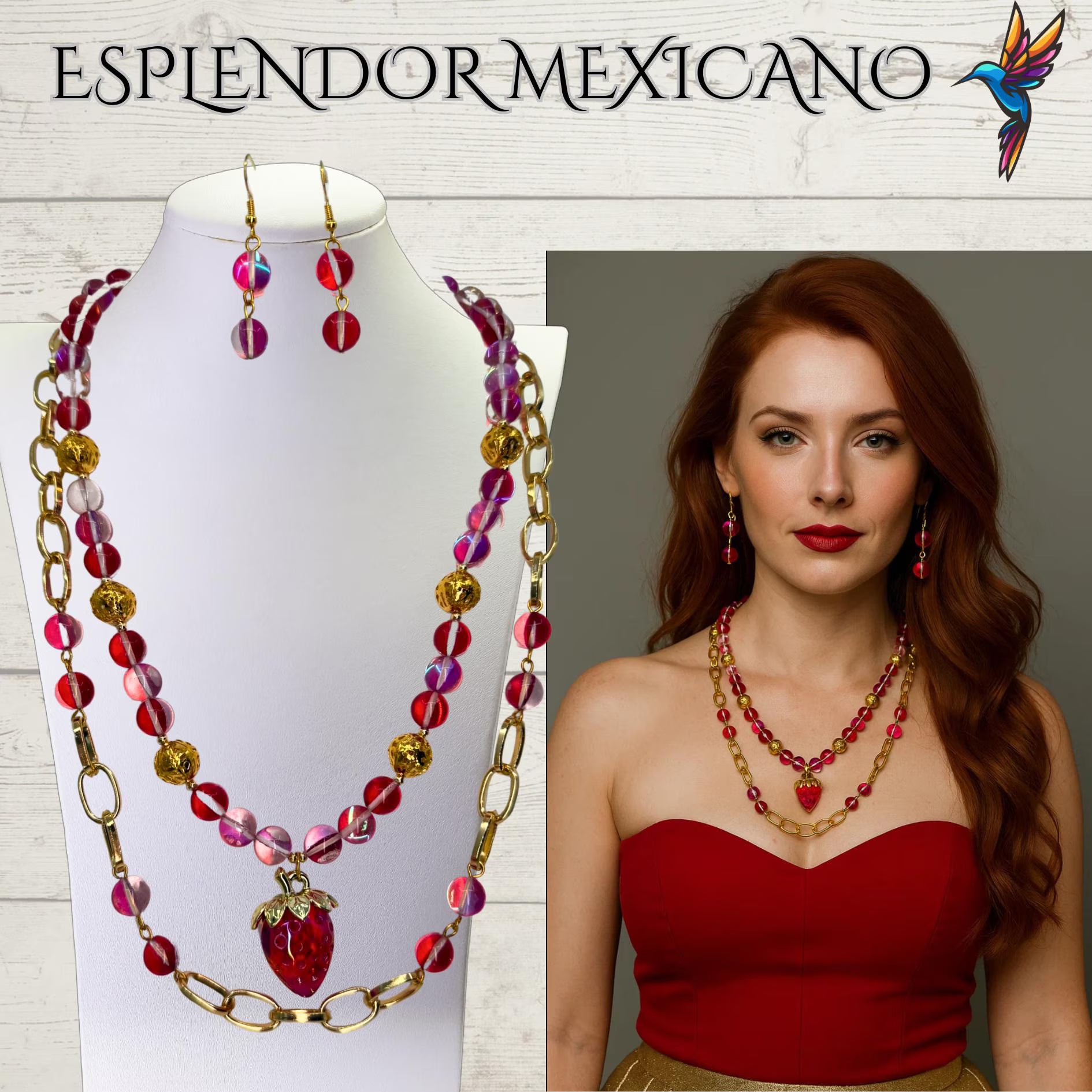 Mexican handmade Strawberry Electrified Quartz Necklace / Natural Stone Healing Crystal Spiritual Protection Gift  / Beaded Stone Necklace