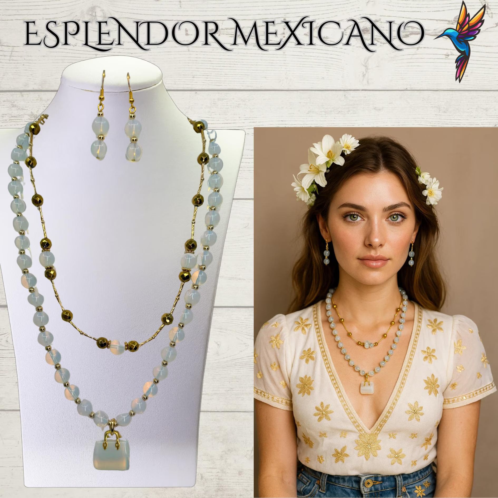 Mexican handmade Moonstone Necklace Set/Natural Stone Healing Crystal Spiritual Protection Gift/ Beaded Stone Necklace /Health benefit stone