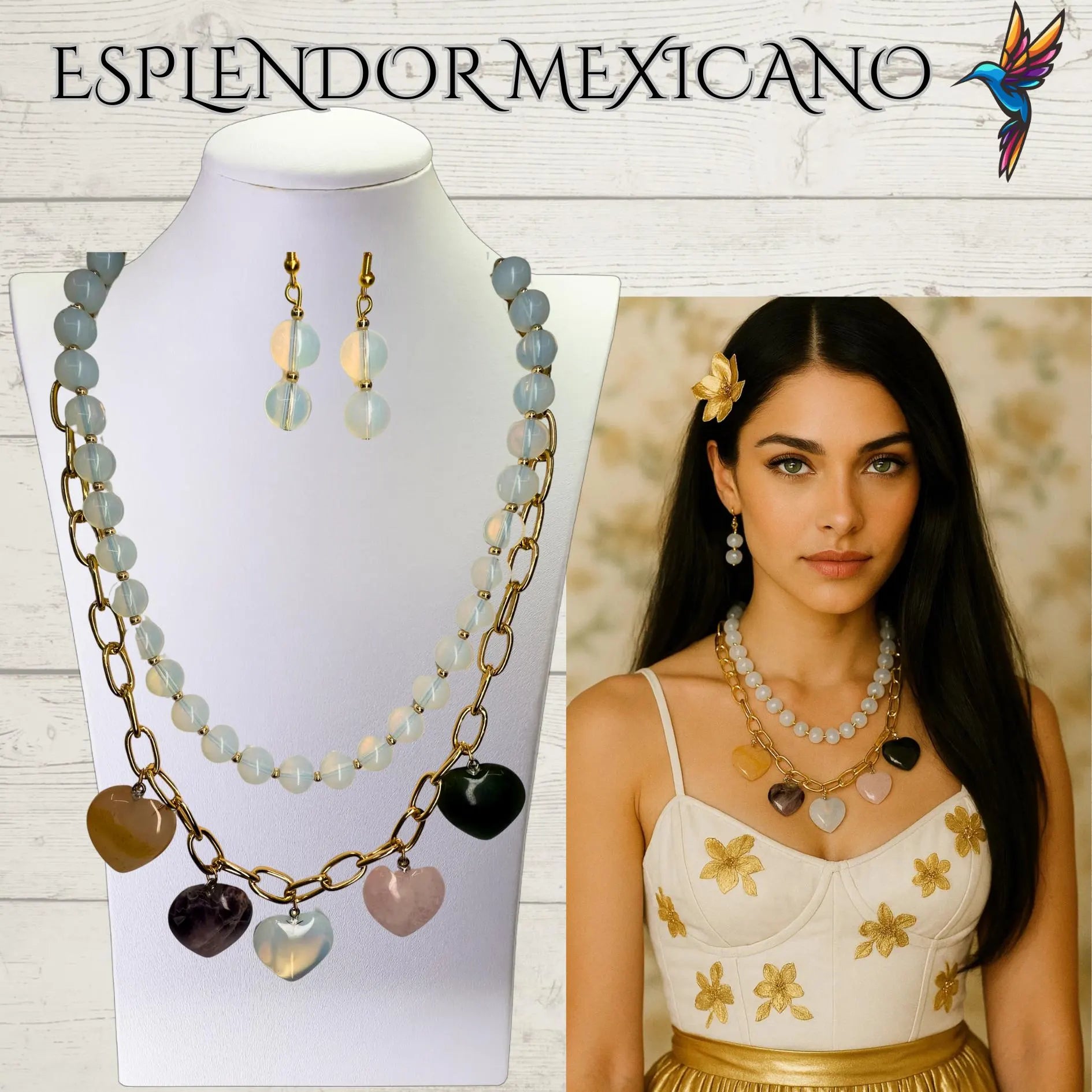 Mexican handmade Moonstone,Agate, Quartz Necklace Set/Natural Stone Healing Crystal Spiritual Protection Gift/Beaded Stone Necklace/Hearts