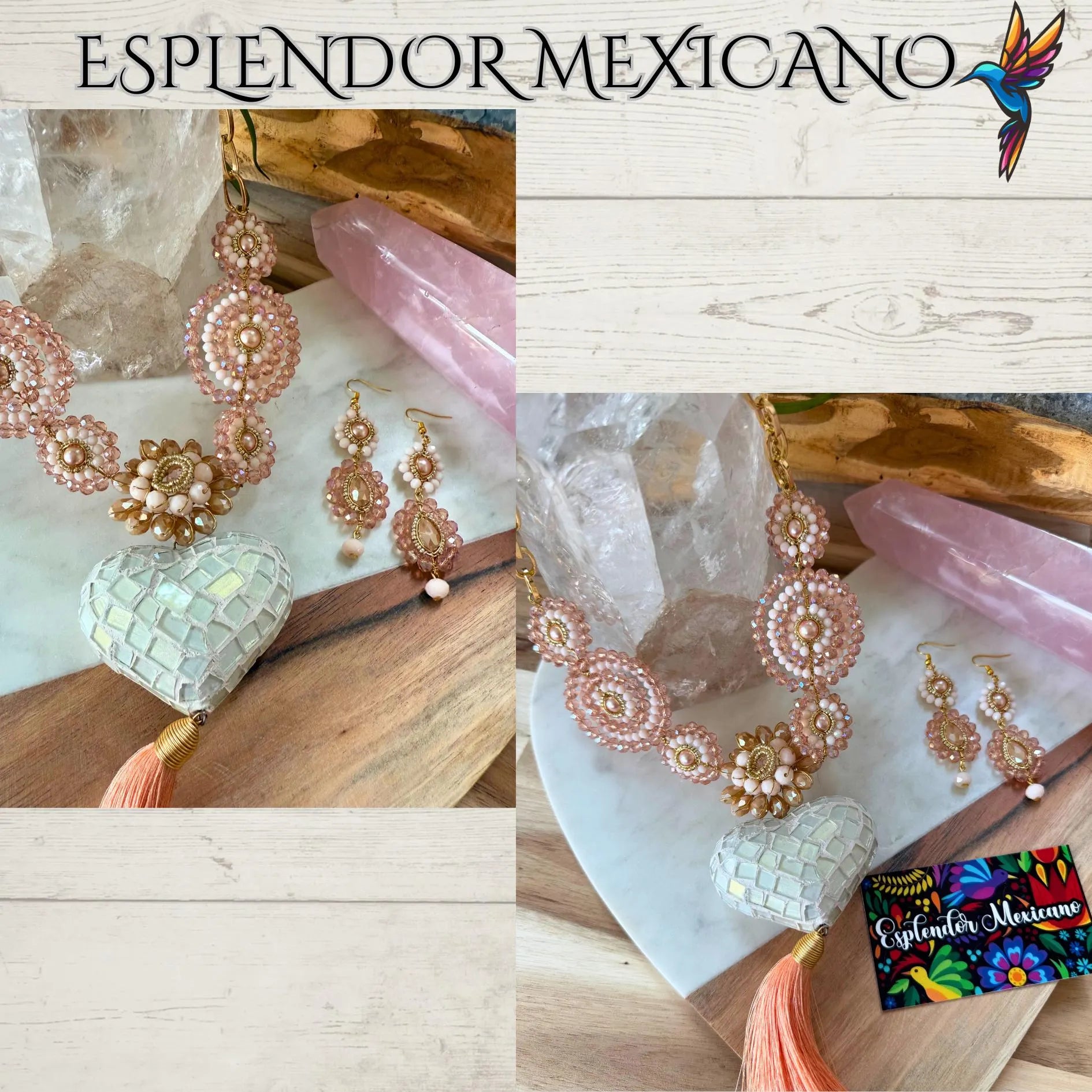 🧡 Melon-Toned Beaded Necklace Set with Clay Heart Pendant