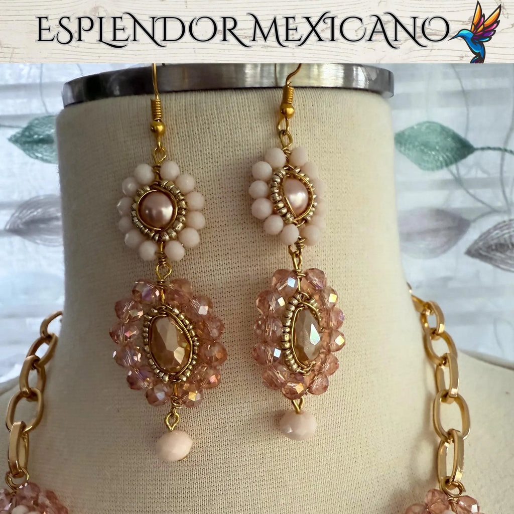 🧡 Melon-Toned Beaded Necklace Set with Clay Heart Pendant