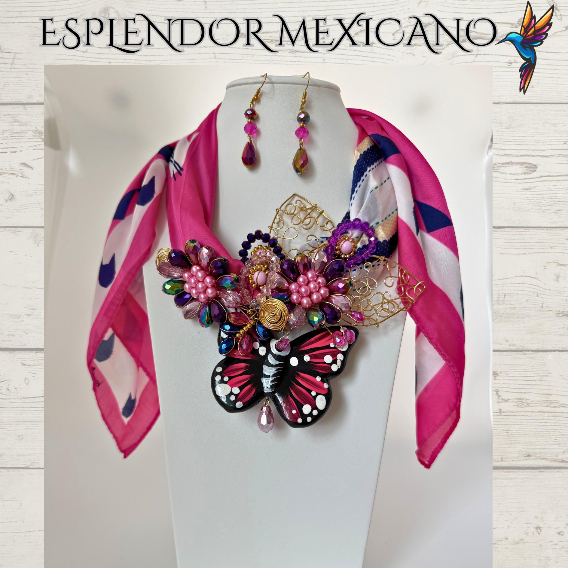 🩷 Handcrafted Beaded Scarf Set with Ceramic Butterfly Pendant