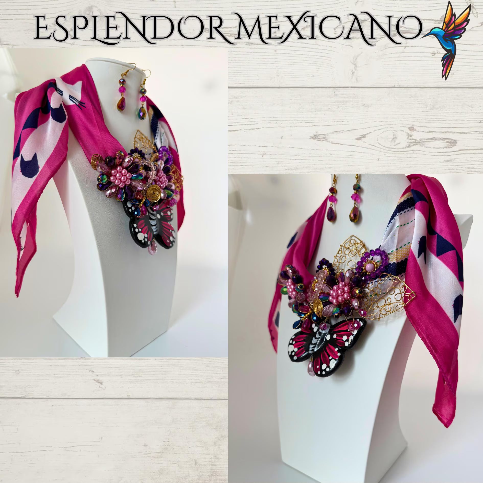 🩷 Handcrafted Beaded Scarf Set with Ceramic Butterfly Pendant