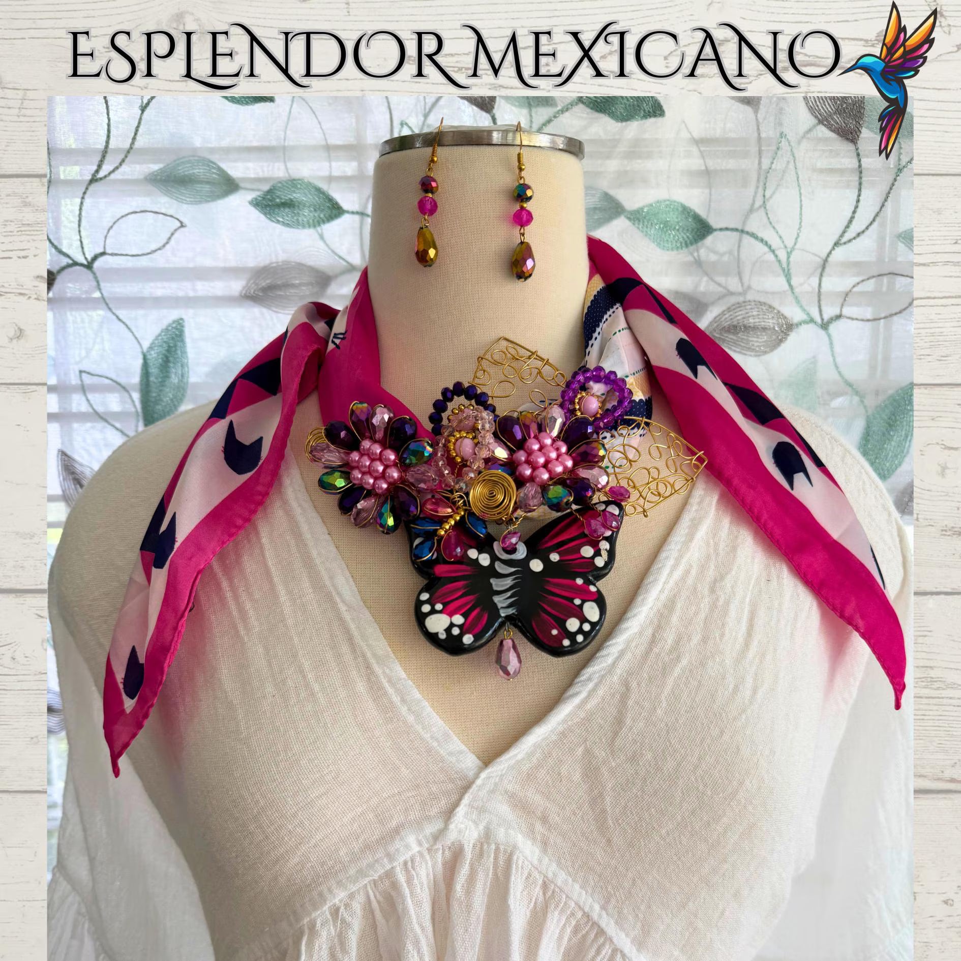 🩷 Handcrafted Beaded Scarf Set with Ceramic Butterfly Pendant