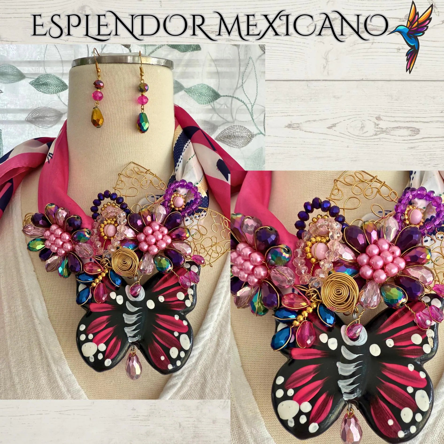 🩷 Handcrafted Beaded Scarf Set with Ceramic Butterfly Pendant