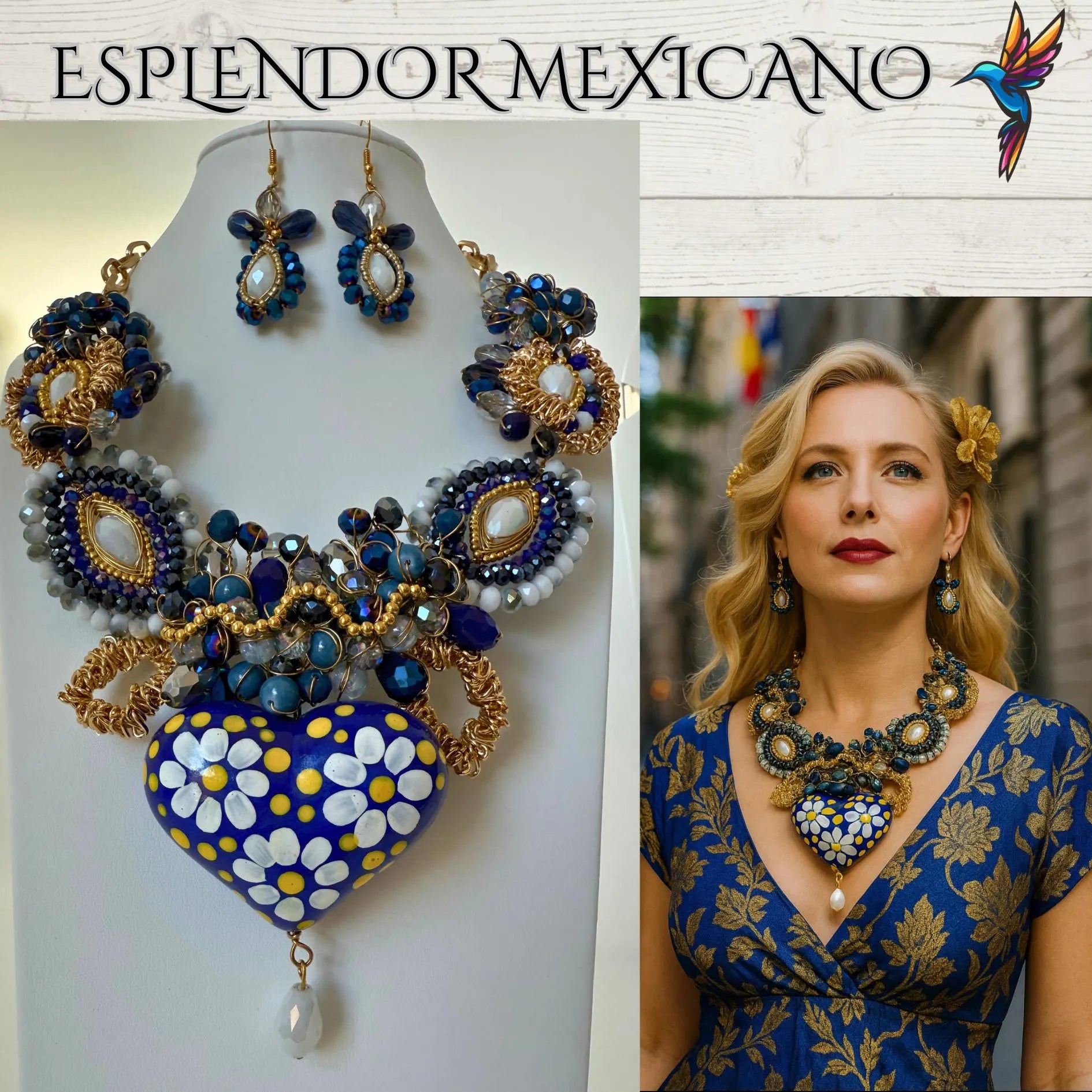 Mexican handmade Beaded Necklace Set with hand painted Ceramic Heart/Artisan Made/Boho/Made in Mexico/Collar de Alambrismo con Corazón
