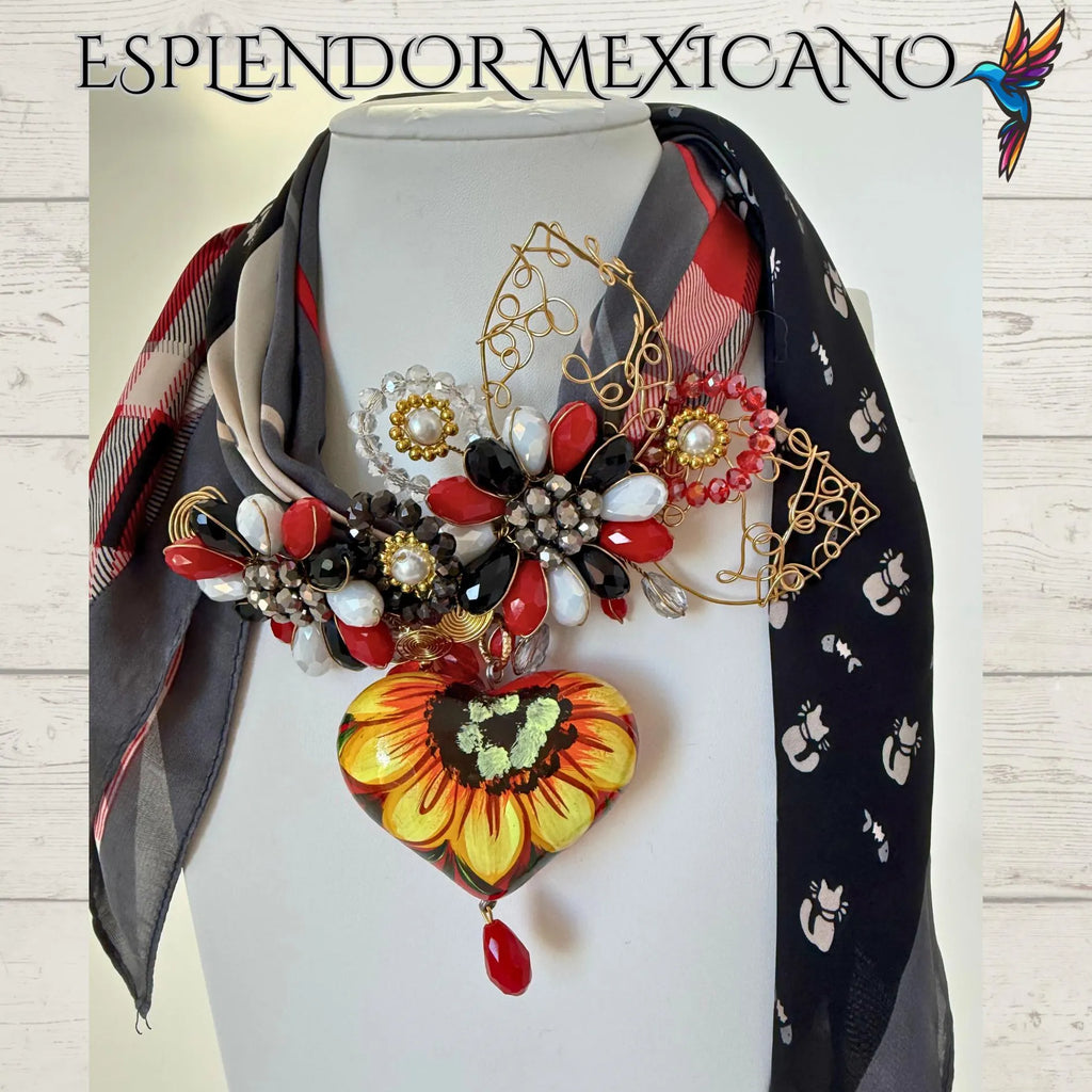 🌻 Handcrafted Sunflower Scarf Necklace – Beaded & Elegant