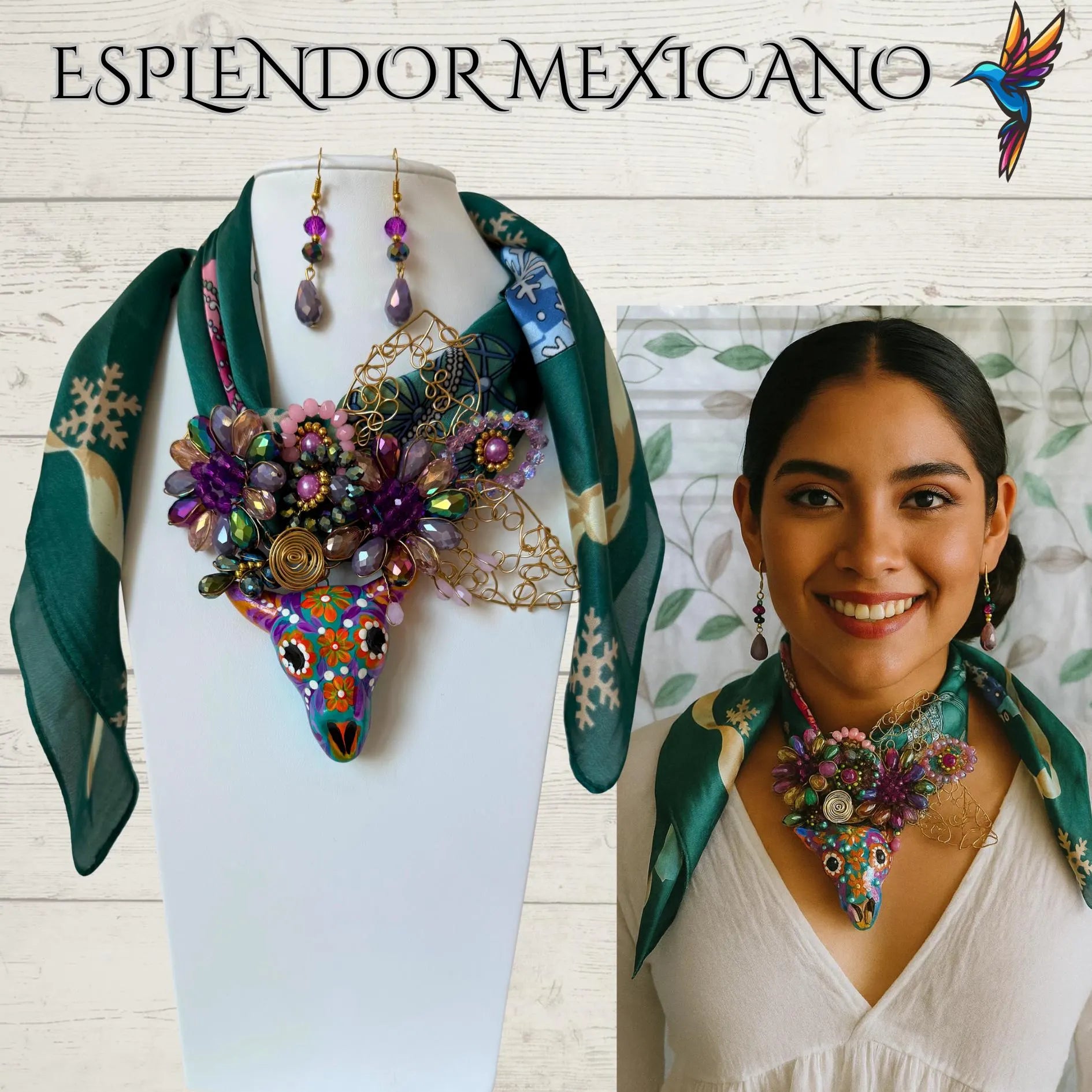 Mexican handmade Beaded Scarf Necklace Set with ceramic hand painted Bull/Artisan Made/Boho/Made in Mexico/Handkerchief with Bull
