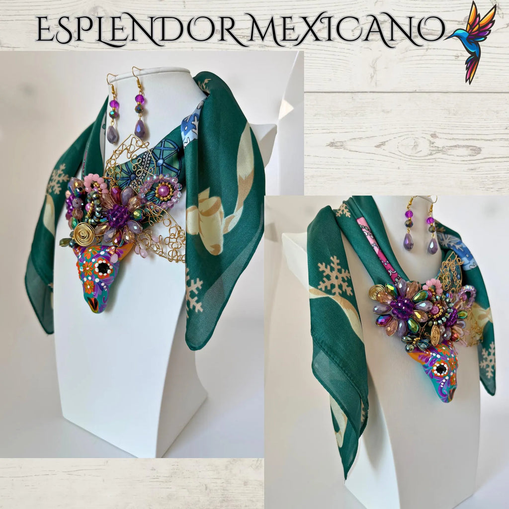 Mexican handmade Beaded Scarf Necklace Set with ceramic hand painted Bull/Artisan Made/Boho/Made in Mexico/Handkerchief with Bull
