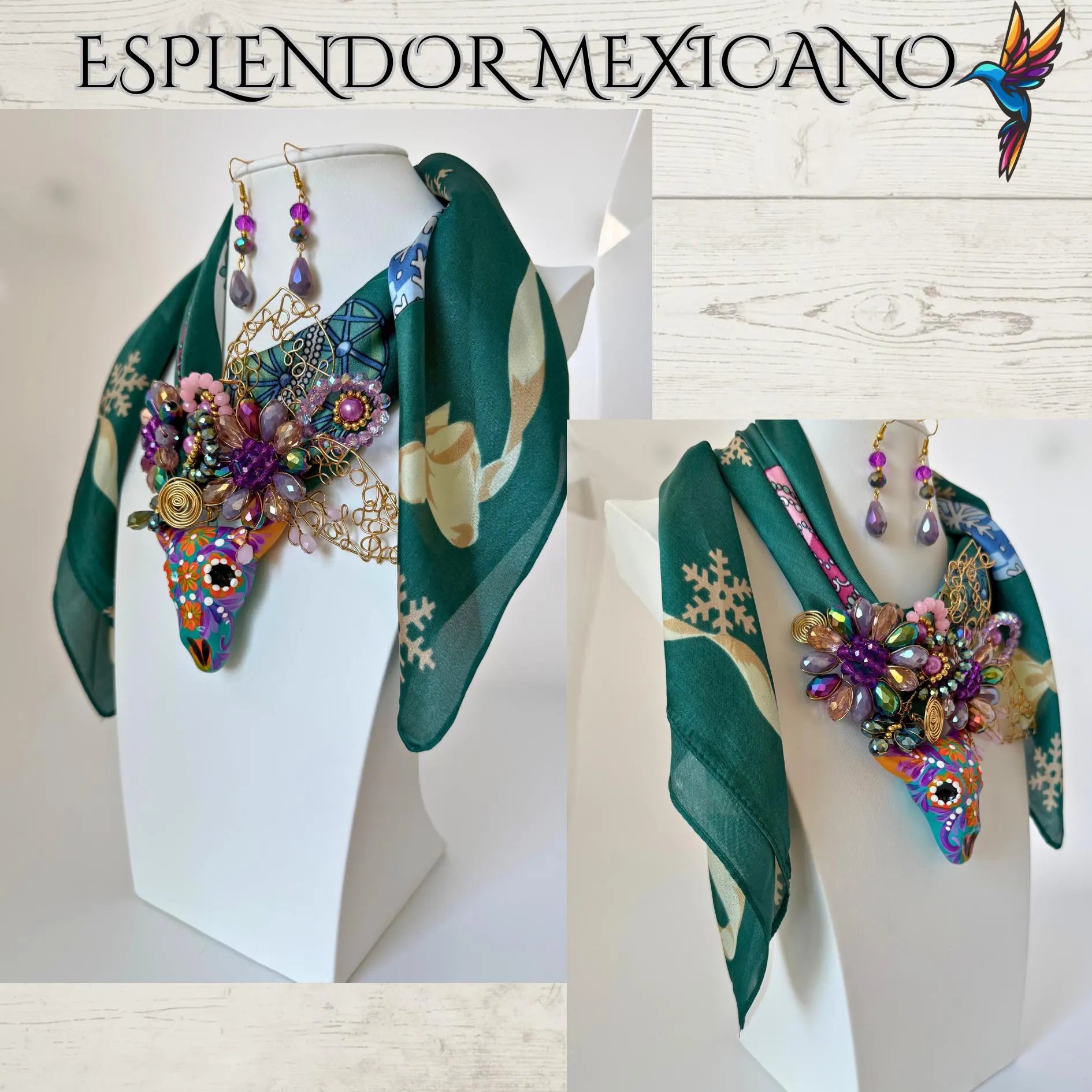 Mexican handmade Beaded Scarf Necklace Set with ceramic hand painted Bull/Artisan Made/Boho/Made in Mexico/Handkerchief with Bull
