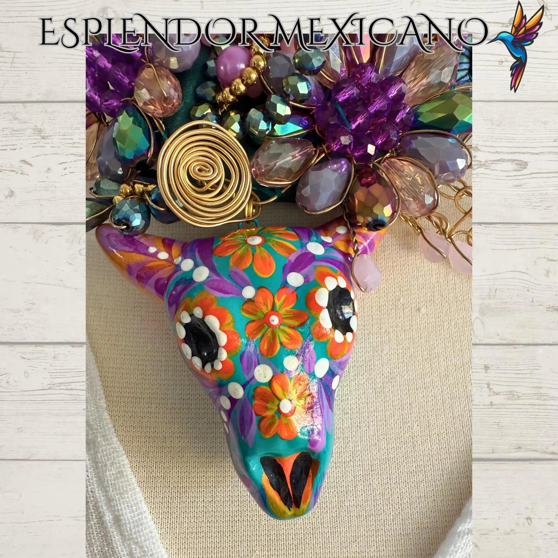 Mexican handmade Beaded Scarf Necklace Set with ceramic hand painted Bull/Artisan Made/Boho/Made in Mexico/Handkerchief with Bull