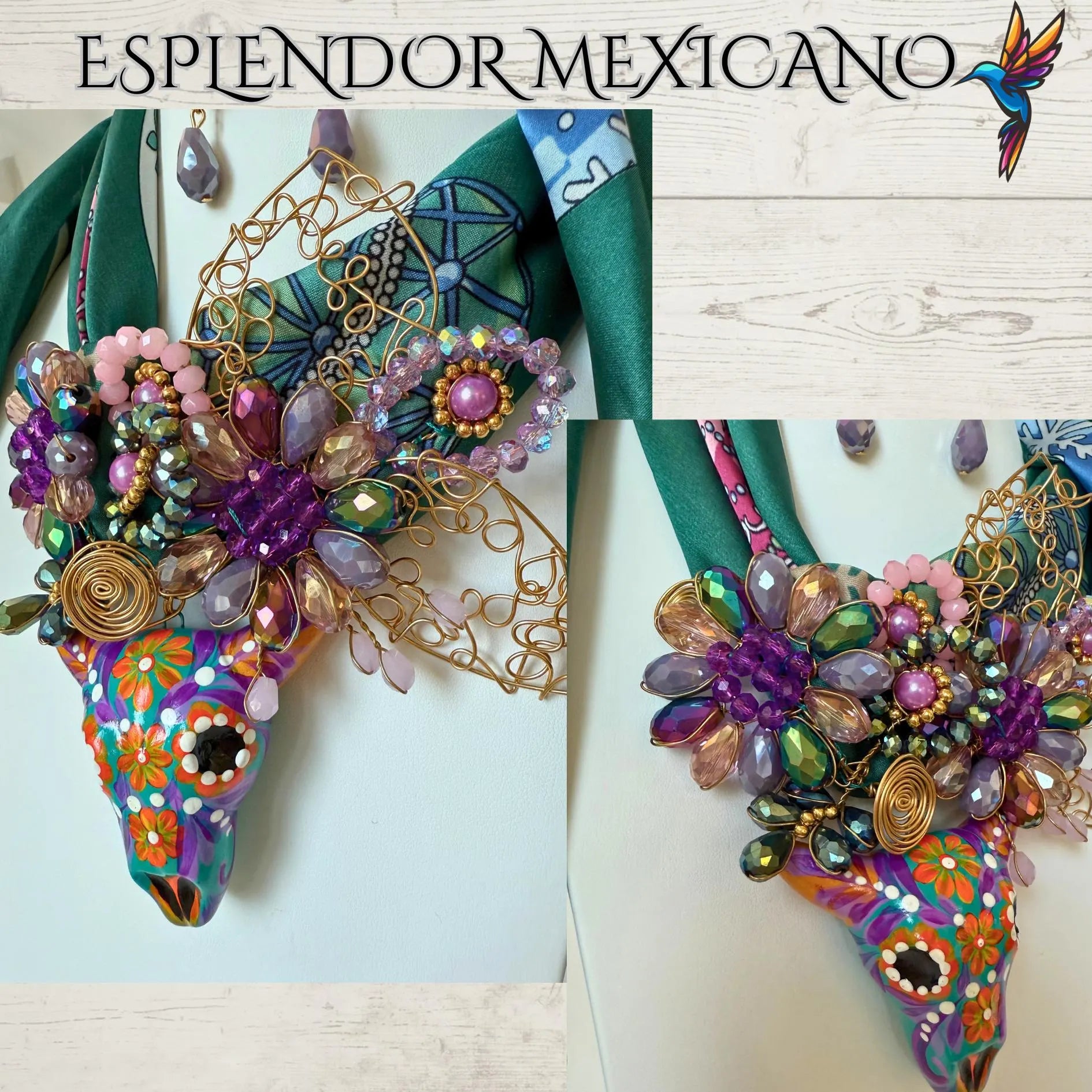 Mexican handmade Beaded Scarf Necklace Set with ceramic hand painted Bull/Artisan Made/Boho/Made in Mexico/Handkerchief with Bull