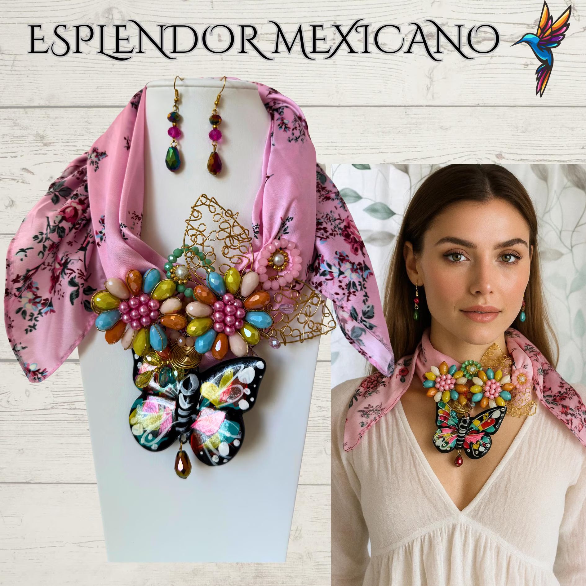 🩷🦋 Handmade Butterfly Scarf Necklace Set – Elegant & Heartfelt